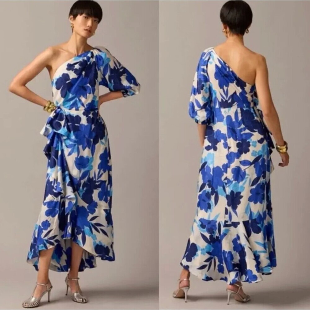 J Crew Collection NWT One Shoulder Ruffle Hem Dress in Painted Floral Blue 10 - Picture 2 of 11